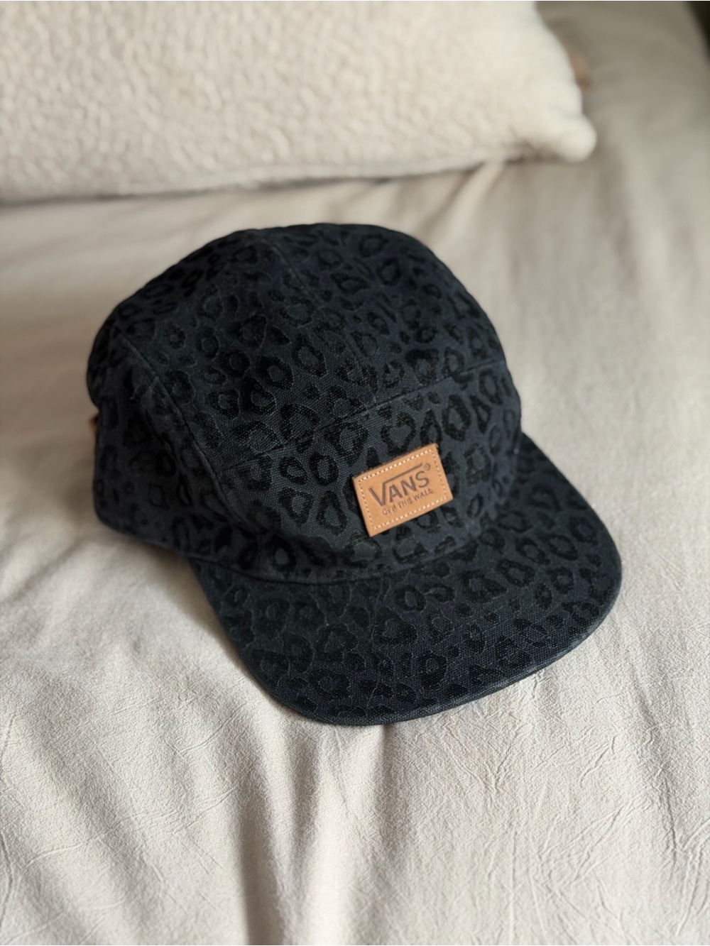 Vans Black Leopard 5-Panel Cap with Leather Patch